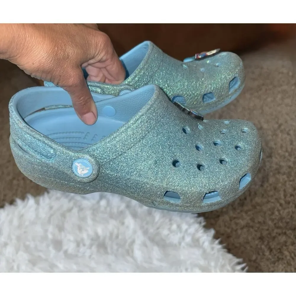 Crocs Girls Sz. 2 Turquoise Glitter Slip Ons. Cute